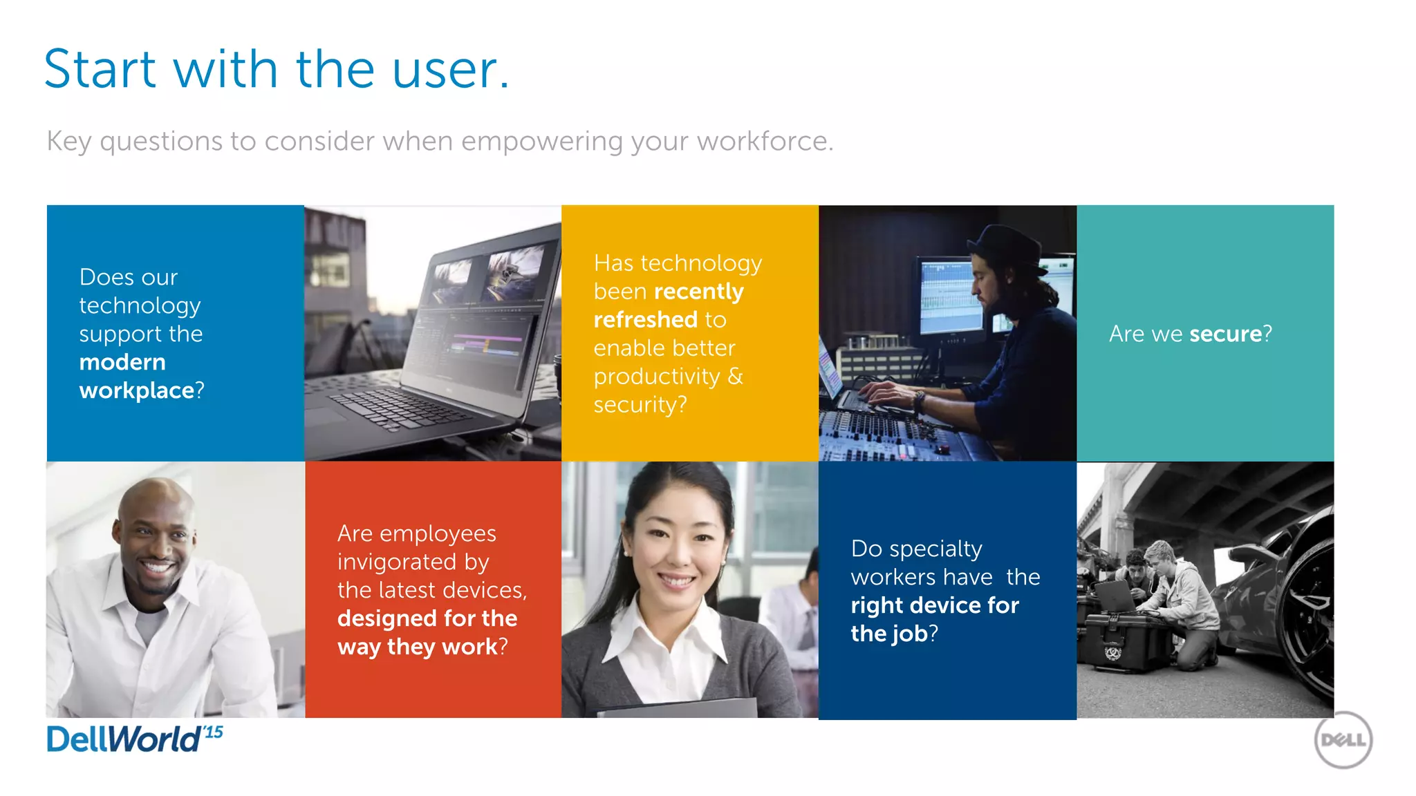 Start with the user.
Key questions to consider when empowering your workforce.
Does our
technology
support the
modern
workplace?
Has technology
been recently
refreshed to
enable better
productivity &
security?
Are employees
invigorated by
the latest devices,
designed for the
way they work?
Are we secure?
Do specialty
workers have the
right device for
the job?
 