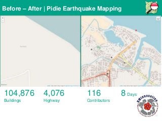 Before – After | Pidie Earthquake Mapping
104,876
Buildings
4,076
Highway
116
Contributors
8Days
 