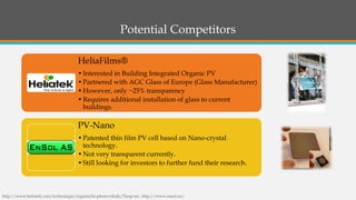 Potential Competitors 
http://www.heliatek.com/technologie/organische-photovoltaik/?lang=en ; http://www.ensol.no/ 
HeliaFilms® 
•Interested in Building Integrated Organic PV 
•Partnered with AGC Glass of Europe (Glass Manufacturer) 
•However, only ~25% transparency 
•Requires additional installation of glass to current buildings. 
PV-Nano 
•Patented thin film PV cell based on Nano-crystal technology. 
•Not very transparent currently. 
•Still looking for investors to further fund their research.  