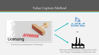 Value Capture Method 
OR 
Selected established glass manufacturers that New Energy Technologies collaborate with. 
Fees from Licensing Spray Technology  