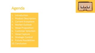 Agenda
1. Introduction
2. Product Description
3. Current Ecosystem
4. Market Outlook
5. Value Proposition
6. Customer Selection
7. Value Capture
8. Strategic Control
9. Future Possibilities
10.Conclusion
 
