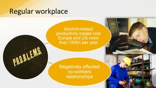 Regular workplace
Alcohol-related
productivity losses cost
Europe and US more
than 150bn per year

Negatively affected
co-workers
relationships

 
