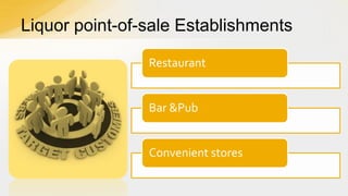 Liquor point-of-sale Establishments
Restaurant

Bar &Pub

Convenient stores

 