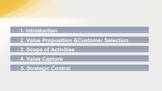 1. Introduction
2. Value Proposition &Customer Selection
3. Scope of Activities

4. Value Capture
5. Strategic Control

 