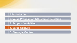 1. Introduction
2. Value Proposition &Customer Selection
3. Scope of Activities

4. Value Capture
5. Strategic Control

 