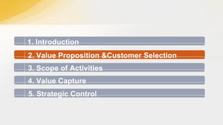 1. Introduction
2. Value Proposition &Customer Selection
3. Scope of Activities

4. Value Capture
5. Strategic Control

 