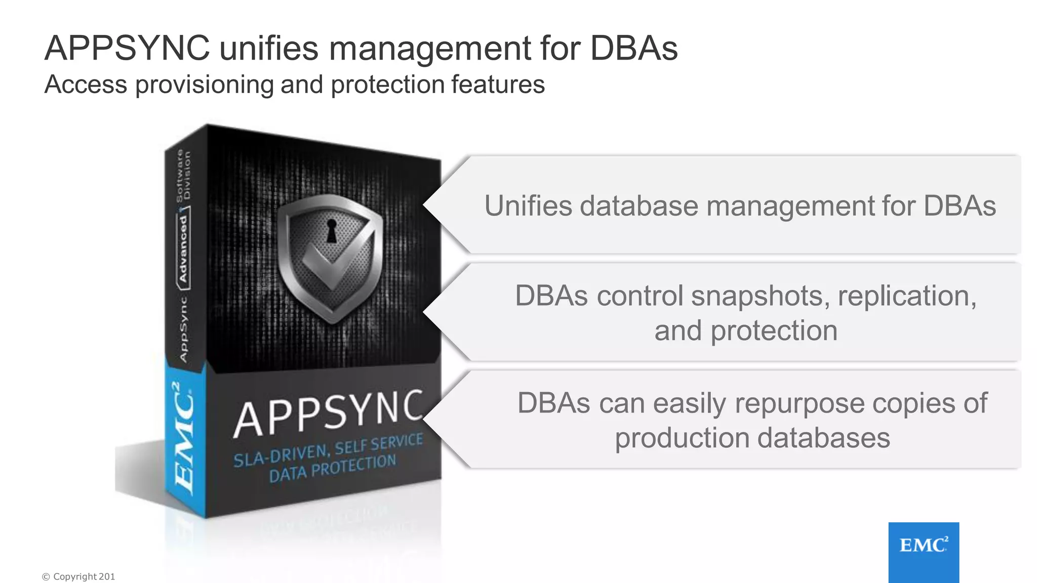 © Copyright 2015 EMC Corporation. All rights reserved.
Unifies database management for DBAs
DBAs control snapshots, replication,
and protection
DBAs can easily repurpose copies of
production databases
APPSYNC unifies management for DBAs
Access provisioning and protection features
 