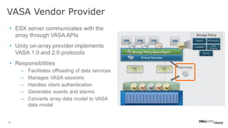 34
• ESX server communicates with the
array through VASA APIs
• Unity on-array provider implements
VASA 1.0 and 2.0 protocols
• Responsibilities
– Facilitates offloading of data services
– Manages VASA sessions
– Handles client authentication
– Generates events and alarms
– Converts array data model to VASA
data model
VASA Vendor Provider
 