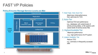 8
FAST VP Policies
Back End
UnifiedSvcs
Unified
Control
Path
Unified Pool
Protocol End Points
Replication
Block
(Thick/Thin LUNs)
File System
(64-bit)
VVOLs
VMDK/VHD
Policy Ensures Storage Service Levels are Met
1. Start High, then Auto-Tier
Maximizes initial performance;
then optimizes for TCO
2. Auto-Tier
Optimize TCO and performance
e.g., databases with varied levels of
activity among tables, or file systems with
varied levels of activity across files
3. Highest Available Tier
Maximize performance
e.g., high-performance OLTP system
4. Lowest Available Tier
Reduce TCO
e.g., archived or infrequently accessed
dataSSD HDD
 