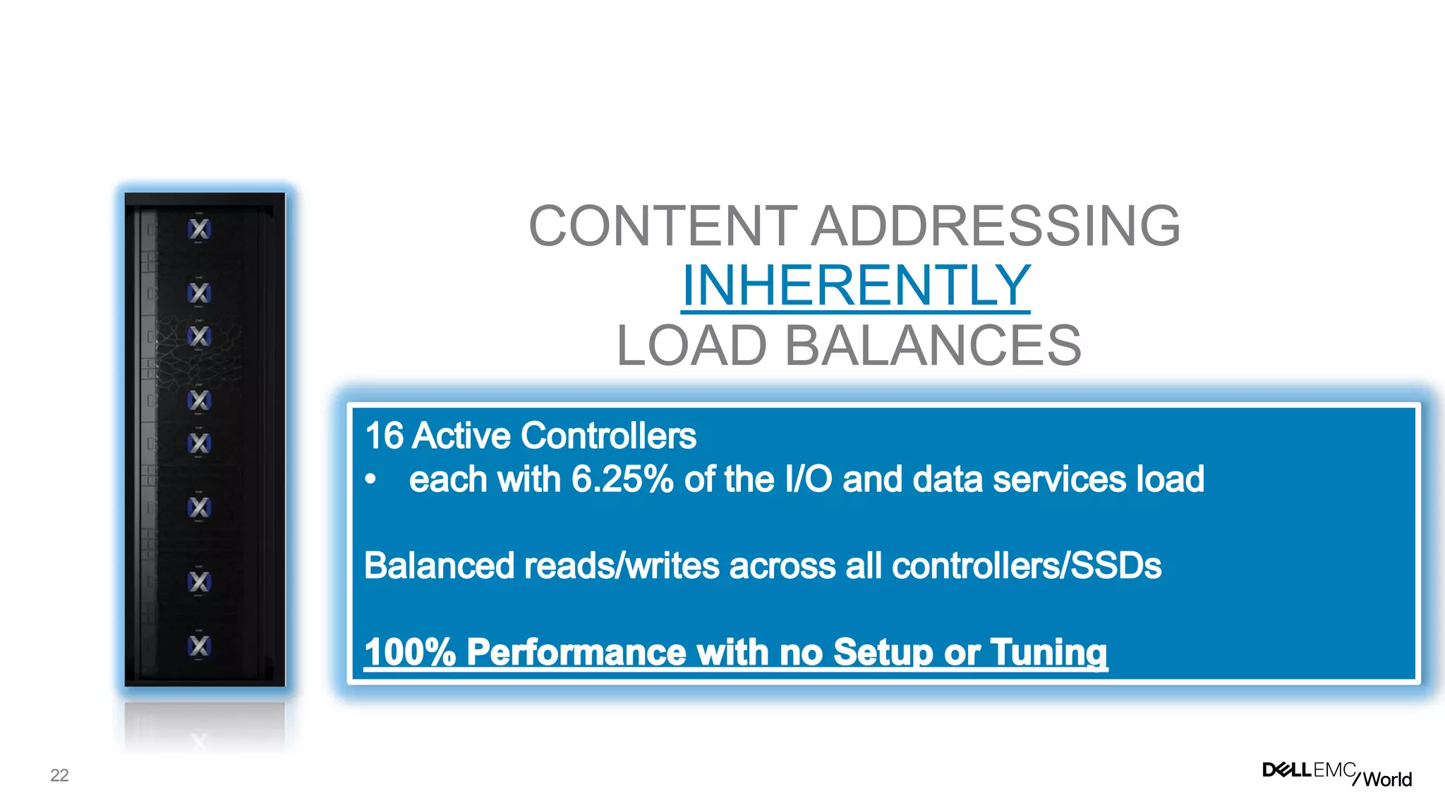 22
XTREMIO INTELLIGENT CONTENT ENGINE
INHERENTLY
CONTENT ADDRESSING
LOAD BALANCES
 