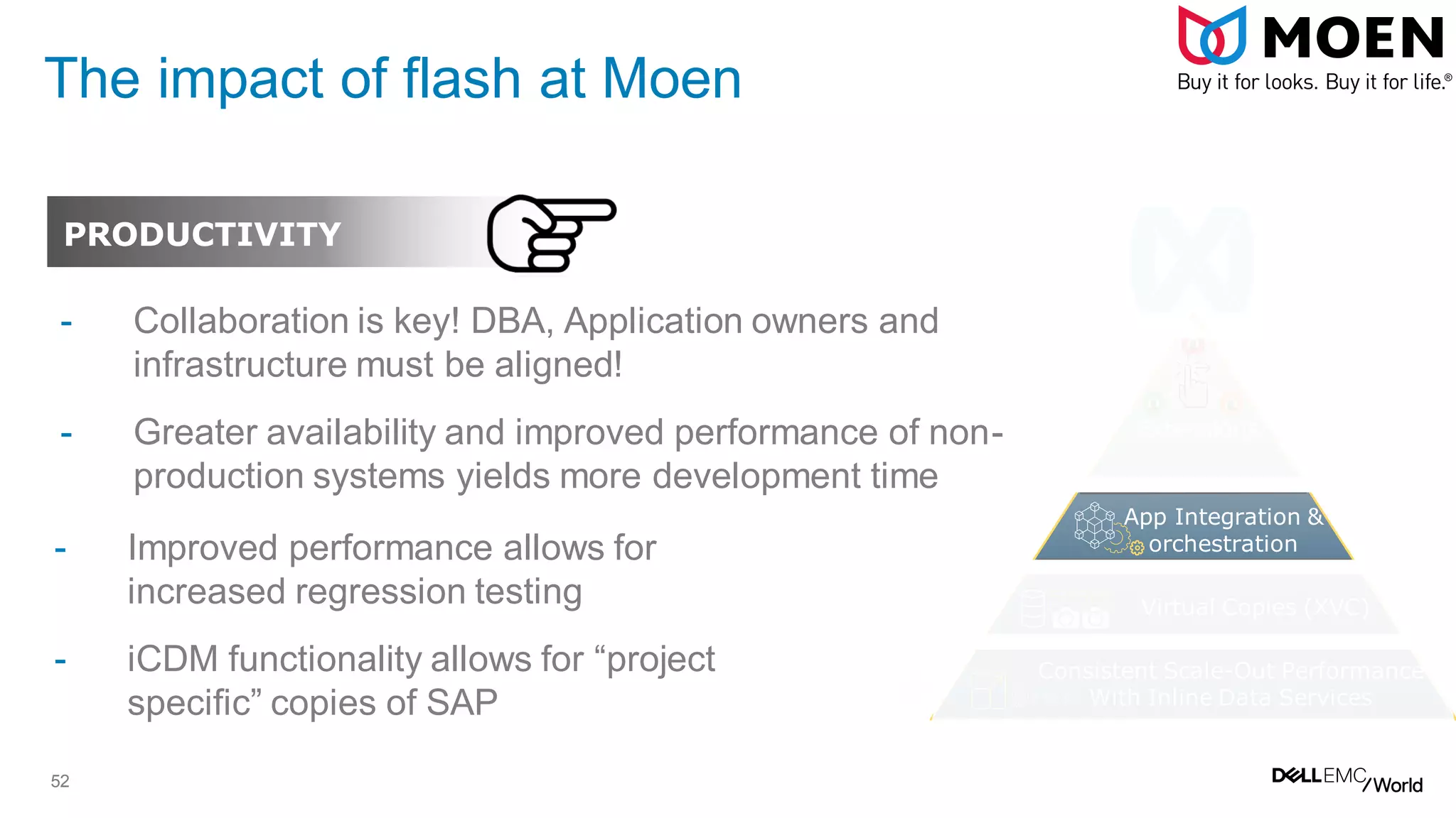 52
The impact of flash at Moen
- Collaboration is key! DBA, Application owners and
infrastructure must be aligned!
- Greater availability and improved performance of non-
production systems yields more development time
Virtual Copies (XVC)
App Integration &
orchestration
Extensions
Consistent Scale-Out Performance
With Inline Data Services
PRODUCTIVITY
- Improved performance allows for
increased regression testing
- iCDM functionality allows for “project
specific” copies of SAP
 