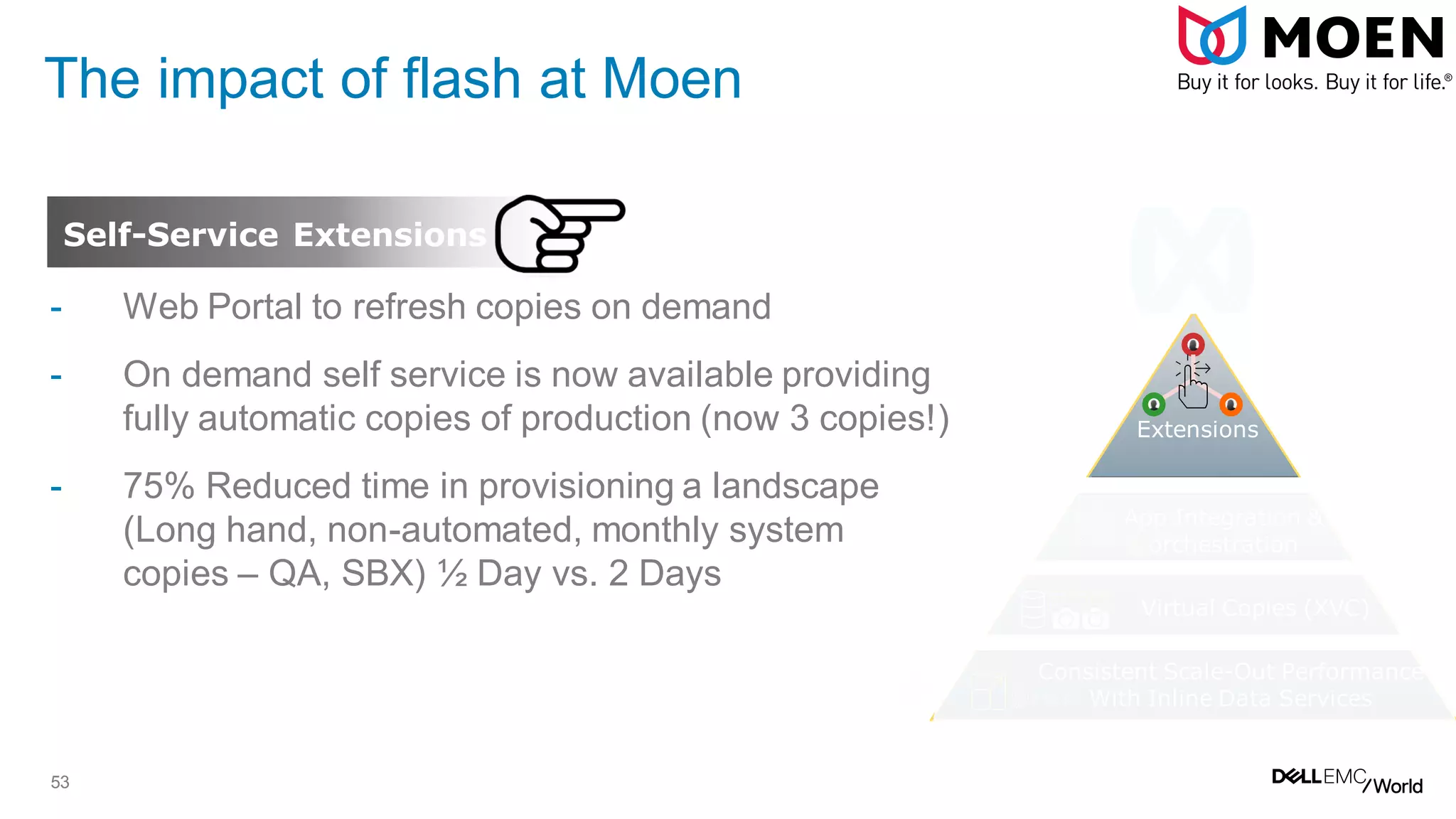 53
The impact of flash at Moen
- Web Portal to refresh copies on demand
- On demand self service is now available providing
fully automatic copies of production (now 3 copies!)
- 75% Reduced time in provisioning a landscape
(Long hand, non-automated, monthly system
copies – QA, SBX) ½ Day vs. 2 Days
Virtual Copies (XVC)
App Integration &
orchestration
Consistent Scale-Out Performance
With Inline Data Services
Self-Service Extensions
Extensions
 