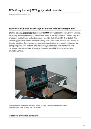 1/4
MT4 Grey Label | MT4 grey label provider
fxbrokerservice.com/mt4.php
How to Start Forex Brokerage Business with MT4 Grey Label
Starting a Forex Brokerage Business with MT4 Grey Label can be a lucrative venture,
especially with the popularity of MetaTrader 4 (MT4) trading platform. The first step is to
choose a reliable Forex broker technology provider that offers MT4 Grey Label. The
technology provider should also offer trading tools, back-office support, and access to
liquidity providers. From setting up your business structure and acquiring licenses, to
configuring your MT4 platform and marketing your services, With hard work and
dedication, starting a Forex Brokerage Business with MT4 Grey Label can be a
profitable venture.
Starting a Forex Brokerage Business with MT4 Grey Label involves several steps.
Step-By-Step Guide To Help You Get Started
Choose a Business Structure
 