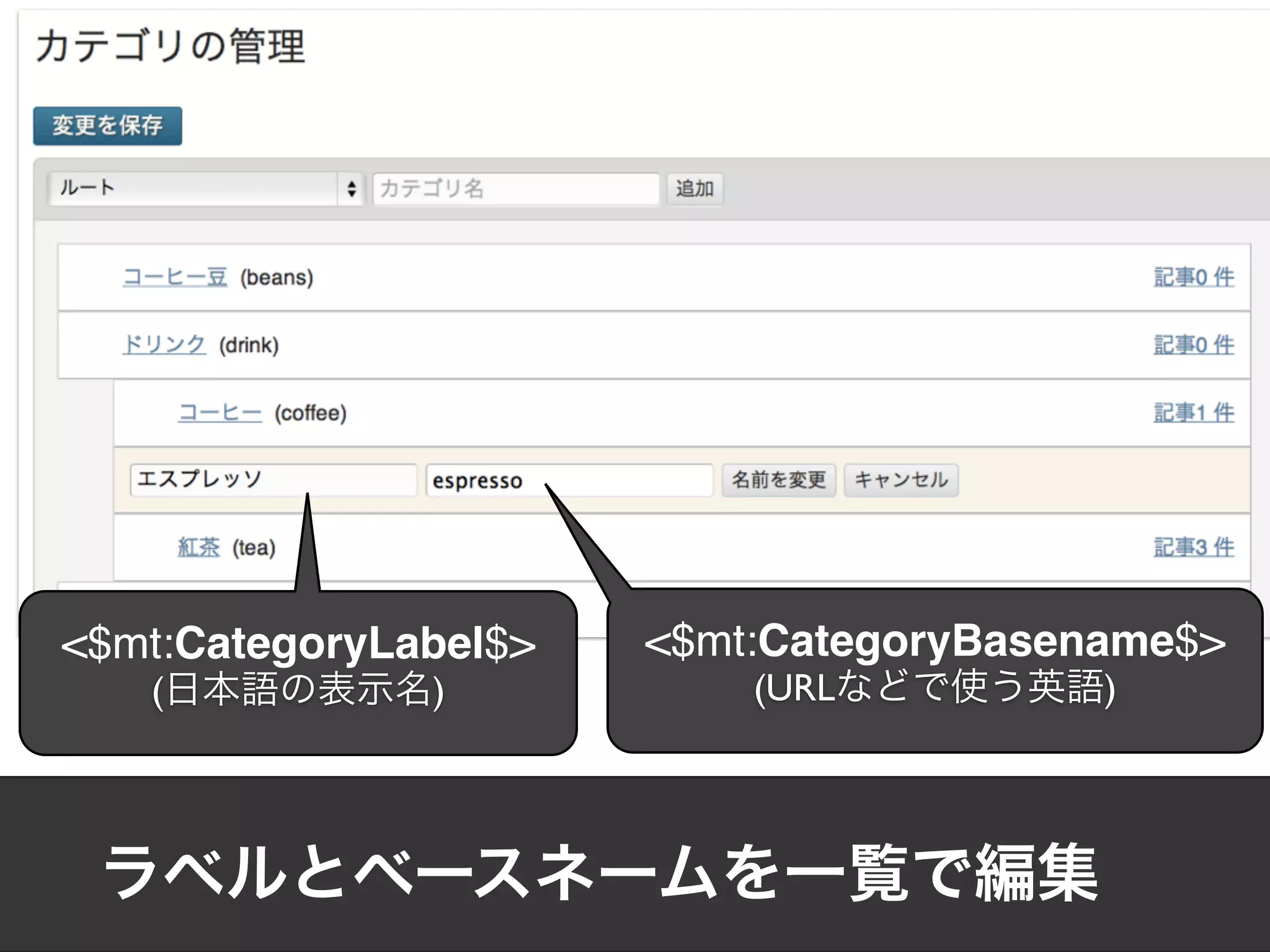 <$mt:CategoryLabel$>   <$mt:CategoryBasename$>
   (           )           (URL          )
 