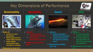 Stretchability Bendability Speed Cost
Ability to
 conform to novel
geometries
 absorb large levels of
strain without fracture
 retain original
performance when
stretched or released
Measured by strain (%)
Ability to
 be bent to a great
extent without cracking
 retain original
performance when bent
Measured by curvature
(mm)
Ability to
 respond instantly to
stimuli with minimal lag
 remain conformal and
thin without sacrificing
speed
Measured by mobility
(cm2/Ѵs)
Ability to
 be made with lower
capital investments
 be made cheaply in
large quantities, and
with cheaper materials
and equipment
Measured by cost or price
($)
8
 