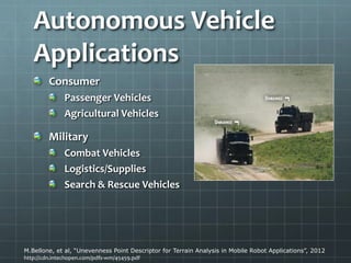 Autonomous Vehicle
Applications
Consumer
Passenger Vehicles
Agricultural Vehicles
Military
Combat Vehicles
Logistics/Supplies
Search & Rescue Vehicles
M.Bellone, et al, “Unevenness Point Descriptor for Terrain Analysis in Mobile Robot Applications”, 2012
http://cdn.intechopen.com/pdfs-wm/45459.pdf
 