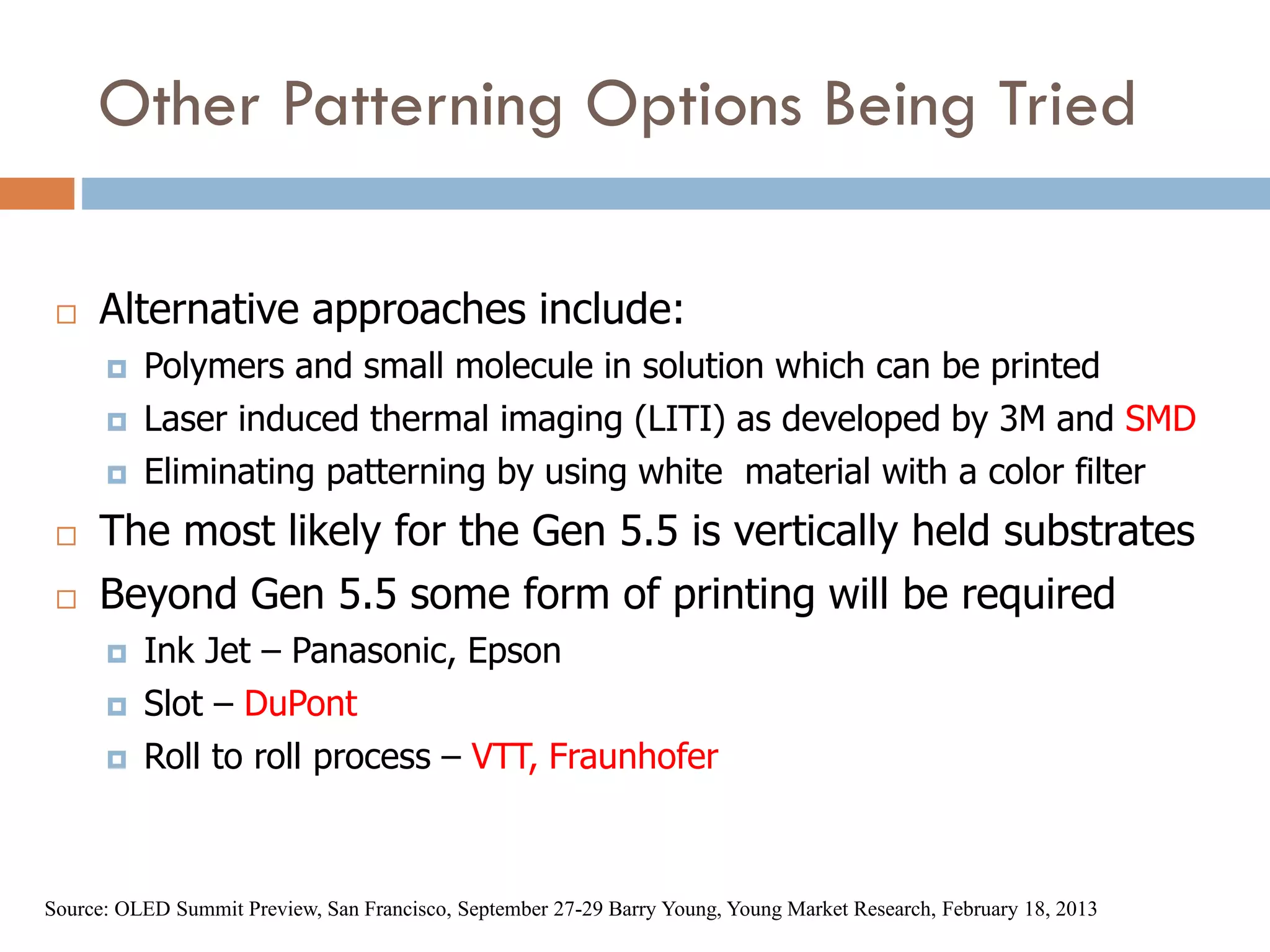 Another Problem is High Price/Cost, but falling
0
50
100
150
200
250
300
350
400
450
500
2009 2010 2011 2012 2013 2014 2015
ASP(US$)
0%
5%
10%
15%
20%
25%
30%
35%
40%
45%
50%
PricePremium
32" 1080p CCFL 32" 1080 LED Edge 32" 1080 LED Back
32" OLED 1920 x 1080 OLED Premium vs. Edge OLED Premium vs. Back
Source: OLED Summit Preview, San Francisco, September 27-29 Barry Young, Young Market Research, February 18, 2013
 