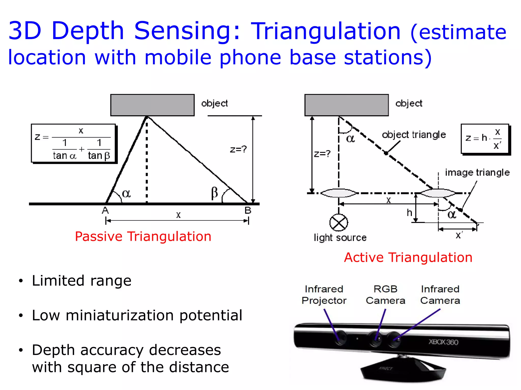 3D Depth Sensing: Triangulation (estimate
location with mobile phone base stations)
Passive Triangulation
Active Triangulation
• Limited range
• Low miniaturization potential
• Depth accuracy decreases
with square of the distance
 