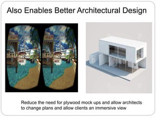 Reduce the need for plywood mock ups and allow architects
to change plans and allow clients an immersive view
Also Enables Better Architectural Design
 