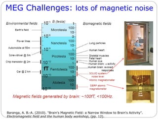 MEG Challenges: lots of magnetic noise
Baranga, A. B.-A. (2010). "Brain's Magnetic Field: a Narrow Window to Brain's Activity".
Electromagnetic field and the human body workshop, (pp. 12).
fT
 