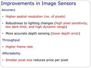 Improvements in Image Sensors
Accuracy
• Higher spatial resolution (no. of pixels)
• Robustness to lighting changes (high pixel sensitivity,
low dark limit, and high dynamic range)
• More accurate depth sensing (lower depth error)
Throughput
• Higher frame rate
Affordability
• Smaller pixel size reduces price per pixel
 