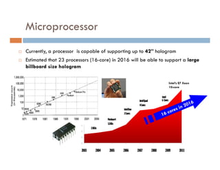 Microprocessor
         p
   Currently, a processor is capable of supporting up to 42” hologram
                                                          42
   Estimated that 23 processors (16-core) in 2016 will be able to support a large
    billboard size hologram

                                                                    Intel’s E7 Xeon
                                                                    10-core
 