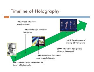 Timeline of Holography
                    g p y
4


       1960:Pulsed ruby laser
                      y
       was developed

               1962:White light reflection
               hologram


                                                                  2010: Development of
                                                                  moving 3D holograms

                                                        2009: Interactive holographic
                                                                              g p
                                                        displays developed
                                1983:Mastercard first credit
                                                g
                                card to use holograms

    1947: Dennis Gabor developed the
    theory of holography
 
