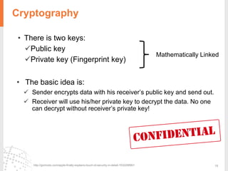 19
Cryptography
• There is two keys:
Public key
Private key (Fingerprint key)
• The basic idea is:
 Sender encrypts data with his receiver’s public key and send out.
 Receiver will use his/her private key to decrypt the data. No one
can decrypt without receiver’s private key!
http://gizmodo.com/apple-finally-explains-touch-id-security-in-detail-1532298901
Mathematically Linked
 