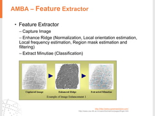 AMBA – Feature Extractor
• Feature Extractor
– Capture Image
– Enhance Ridge (Normalization, Local orientation estimation,
Local frequency estimation, Region mask estimation and
filtering)
– Extract Minutiae (Classification)
http://http://www.supremasolution.com/
http://www.cse.iitk.ac.in/users/biometrics/pages/finger.htm
 