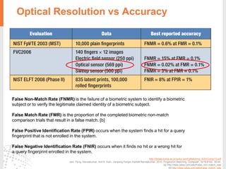 Optical Resolution vs Accuracy
http://biolab.korea.ac.kr/pubs/JainFpMatching_IEEEComp10.pdf
Jain, Feng, Nandakumar, Anil K. Kain, Jianjiang Fengm Karthik Nandakumar, 2010. Fingerprint Matching. Computer, 0018-9162, 36-44.
[a] http://itlaw.wikia.com/wiki/False_non-match_rate
[b] http://itlaw.wikia.com/wiki/False_match_rate
False Non-Match Rate (FNMR) is the failure of a biometric system to identify a biometric
subject or to verify the legitimate claimed identity of a biometric subject.
False Match Rate (FMR) is the proportion of the completed biometric non-match
comparison trials that result in a false match. [b]
False Positive Identification Rate (FPIR) occurs when the system finds a hit for a query
fingerprint that is not enrolled in the system.
False Negative Identification Rate (FNIR) occurs when it finds no hit or a wrong hit for
a query fingerprint enrolled in the system.
 