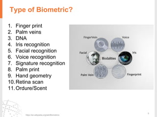 5
Type of Biometric?
1. Finger print
2. Palm veins
3. DNA
4. Iris recognition
5. Facial recognition
6. Voice recognition
7. Signature recognition
8. Palm print
9. Hand geometry
10.Retina scan
11.Ordure/Scent
https://en.wikipedia.org/wiki/Biometrics
 