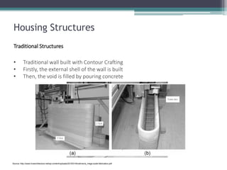 Housing Structures 
Traditional Structures 
•Traditional wall built with Contour Crafting 
•Firstly, the external shell of the wall is built 
•Then, the void is filled by pouring concrete 
Source: http://www.livearchitecture.net/wp-content/uploads/2010/01/khoshnevis_mega-scale-fabrication.pdf  