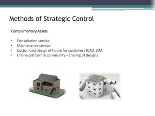 Methods of Strategic Control 
Complementary Assets 
•Consultation service 
•Maintenance service 
•Customized design of house for customers (CAD, BIM) 
•Online platform & community –sharing of designs  