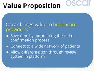 Oscar brings value to healthcare
providers:
●  Save time by automating the claim
conﬁrmation process
●  Connect to a wide network of patients
●  Allow diﬀerentiation through review
system in platform
31
Value Proposition
 