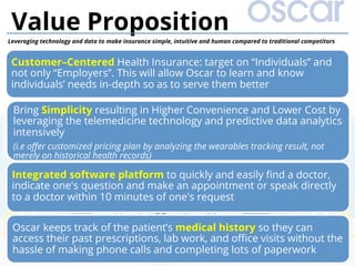 Customer–Centered Health Insurance: target on “Individuals” and
not only “Employers”. This will allow Oscar to learn and know
individuals’ needs in-depth so as to serve them better
Bring Simplicity resulting in Higher Convenience and Lower Cost by
leveraging the telemedicine technology and predictive data analytics
intensively
(i.e oﬀer customized pricing plan by analyzing the wearables tracking result, not
merely on historical health records)
Integrated software platform to quickly and easily ﬁnd a doctor,
indicate one's question and make an appointment or speak directly
to a doctor within 10 minutes of one's request
Oscar keeps track of the patient’s medical history so they can
access their past prescriptions, lab work, and oﬃce visits without the
hassle of making phone calls and completing lots of paperwork 32
Value Proposition
Leveraging technology and data to make insurance simple, intuitive and human compared to traditional competitors
 