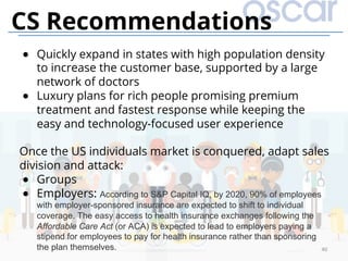 40	
CS Recommendations
●  Quickly expand in states with high population density
to increase the customer base, supported by a large
network of doctors
●  Luxury plans for rich people promising premium
treatment and fastest response while keeping the
easy and technology-focused user experience
Once the US individuals market is conquered, adapt sales
division and attack:
●  Groups
●  Employers: According to S&P Capital IQ, by 2020, 90% of employees
with employer-sponsored insurance are expected to shift to individual
coverage. The easy access to health insurance exchanges following the
Affordable Care Act (or ACA) is expected to lead to employers paying a
stipend for employees to pay for health insurance rather than sponsoring
the plan themselves.
 