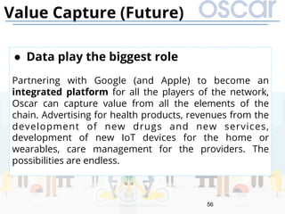 56
Value Capture (Future)
●  Data play the biggest role
Partnering with Google (and Apple) to become an
integrated platform for all the players of the network,
Oscar can capture value from all the elements of the
chain. Advertising for health products, revenues from the
development of new drugs and new services,
development of new IoT devices for the home or
wearables, care management for the providers. The
possibilities are endless.
 