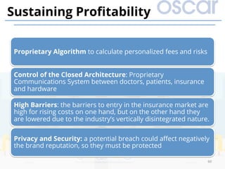 Proprietary Algorithm to calculate personalized fees and risks
Control of the Closed Architecture: Proprietary
Communications System between doctors, patients, insurance
and hardware
High Barriers: the barriers to entry in the insurance market are
high for rising costs on one hand, but on the other hand they
are lowered due to the industry’s vertically disintegrated nature.
Privacy and Security: a potential breach could aﬀect negatively
the brand reputation, so they must be protected
60	
Sustaining Proﬁtability
 