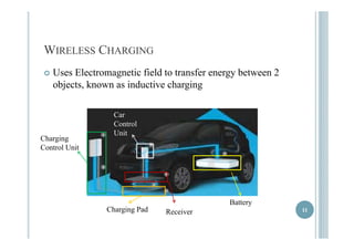WIRELESS CHARGING 
 Uses Electromagnetic field to transfer energy between 2 
objects, known as inductive charging 
Car 
Control 
Charging 
Control Unit 
Unit 
Charging R i 
Battery 
Pad Receiver 1111 
 