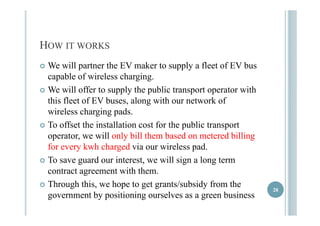 HOW IT WORKS 
 We will partner the EV maker to supply a fleet of EV bus 
capable of wireless charging. 
 WWe wiillll offffer tto supplly tthhe pubblliic ttransportt operattor wiitthh 
this fleet of EV buses, along with our network of 
wwiirreelleessss cchhaarrggiinngg ppaaddss. 
 To offset the installation cost for the public transport 
ooppeerraattoorr,, wwee wwiillll oonnllyy bbiillll tthheemm bbaasseedd oonn mmeetteerreedd bbiilllliinngg 
for every kwh charged via our wireless pad. 
 To save gguard our interest,, we will siggn a longg term 
contract agreement with them. 
 Through this, we hope to get grants/subsidy from the 28 
government by positioning ourselves as a green business  