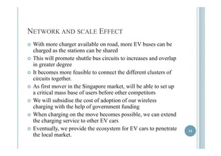 NETWORK AND SCALE EFFECT 
 WWiithh more chharger avaiillabblle on roadd, more EEVV bbuses can bbe 
charged as the stations can be shared 
 This will ppromote shuttle bus circuits to increases and overlapp 
in greater degree 
 It becomes more feasible to connect the different clusters of 
cciirrccuuiittss ttooggeetthheerr. 
 As first mover in the Singapore market, will be able to set up 
a critical mass base of users before other competitors 
 We will subsidise the cost of adoption of our wireless 
charging with the help of government funding 
 WWhhen chhargiing on tthhe move bbecomes possiibblle, we can exttendd 
the charging service to other EV cars 
 Eventually, we provide the ecosystem for EV cars to penetrate 33 
y, p y p 
the local market.  
