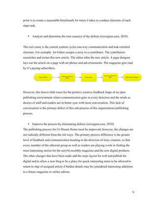 point is to create a reasonable benchmark for times it takes to conduct elements of each
steps task.


    •   Analyze and determine the root cause(s) of the defects (isixsigma.com, 2010)


The root cause is the current content cycles one-way communication and task-oriented
structure. For example: An Editor assigns a story to a contributor. The contributors
researches and writes this new article. The editor edits the new article. A page designer
lays out the article on a page with art photos and advertisements. The magazine gets read
by it’s paying subscribers.

                                                                              3*456'&'()&*+,-.)&5%&'()&
                                  /)")*+-(&*%0&1+#')&'()&
              !""#$%&'()&*+,-.)                             20#'&'()&*+,-.)            7*$)               !+,-.)&8"&/)*0&#%&9*$*:#%)
                                         *+,-.)




However, this leaves little room for the positive creative feedback loops of an open
publishing environment where communication goes in every direction and the needs as
desires of staff and readers are in better sync with more conversation. This lack of
conversation is the primary defect of this sub-process of this organizations publishing
process.


    •   Improve the process by eliminating defects (isixsigma.com, 2010)
The publishing process for Ur Dream Home must be improved; however, the changes are
not radically different from the old ways. The primary process difference is the greater
level of feedback and communication heading in the direction of story creation, so that
every member of the editorial group as well as readers are playing a role in finding the
most interesting stories for the next bi-monthly magazine and the new digital products.
The other changes that have been made add the steps layout for web and publish for
digital and to allow a new blog to be a place for quick interesting notes to be allowed to
return to step of assigned article if further details may be considered interesting additions
to a future magazine or online edition.




                                                                                                                       9
 