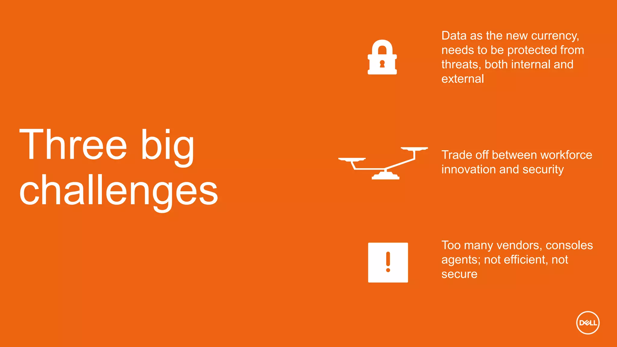 Three big
challenges
Data as the new currency,
needs to be protected from
threats, both internal and
external
Trade off between workforce
innovation and security
Too many vendors, consoles
agents; not efficient, not
secure
 