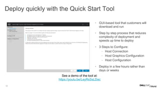 12
Deploy quickly with the Quick Start Tool
• GUI-based tool that customers will
download and run
• Step by step process that reduces
complexity of deployment and
speeds up time to deploy
• 3 Steps to Configure:
– Host Connection
– Host Graphics Configuration
– Host Configuration
• Deploy in a few hours rather than
days or weeks
See a demo of the tool at:
https://youtu.be/LeyRsSsLDac
 