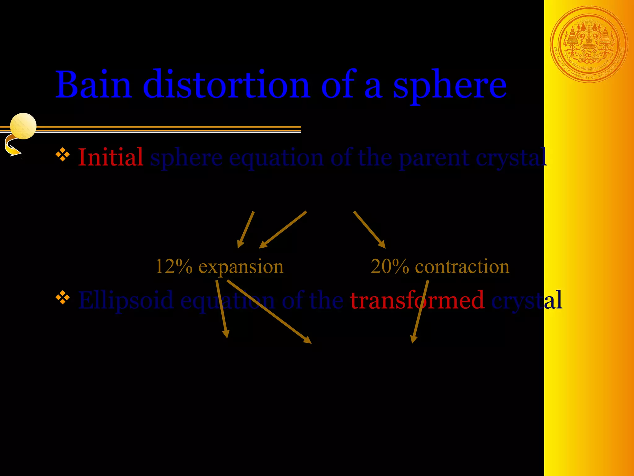 Bain distortion of a sphere
 Initial   sphere equation of the parent crystal
                     x12 + x2 + x3 = 1
                            2    2




            12% expansion                         20% contraction
 Ellipsoid equation           of the transformed crystal

                 (x )
                    ' 2
                    1
                               +
                                    (x )
                                       ' 2
                                       2
                                                  +
                                                       (x )
                                                          ' 2
                                                          3
                                                                     =1
                ( 1.12 )           ( 1.12 )           ( 0.80 )
                           2                  2                  2



                                                                          10
 