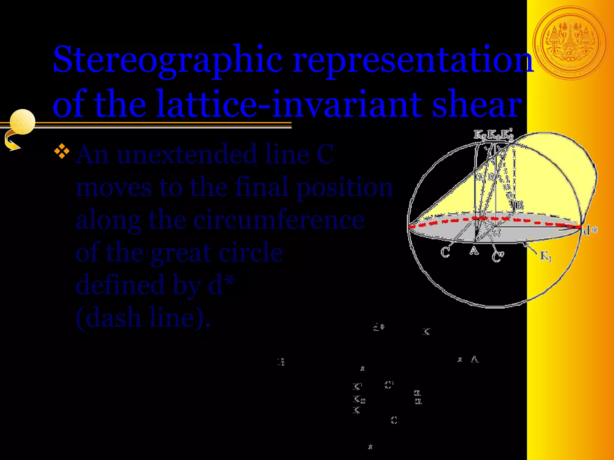 Stereographic representation
of the lattice-invariant shear
 An unextended line C
 moves to the final position
 along the circumference
 of the great circle
 defined by d*
 (dash line).



                               23
 