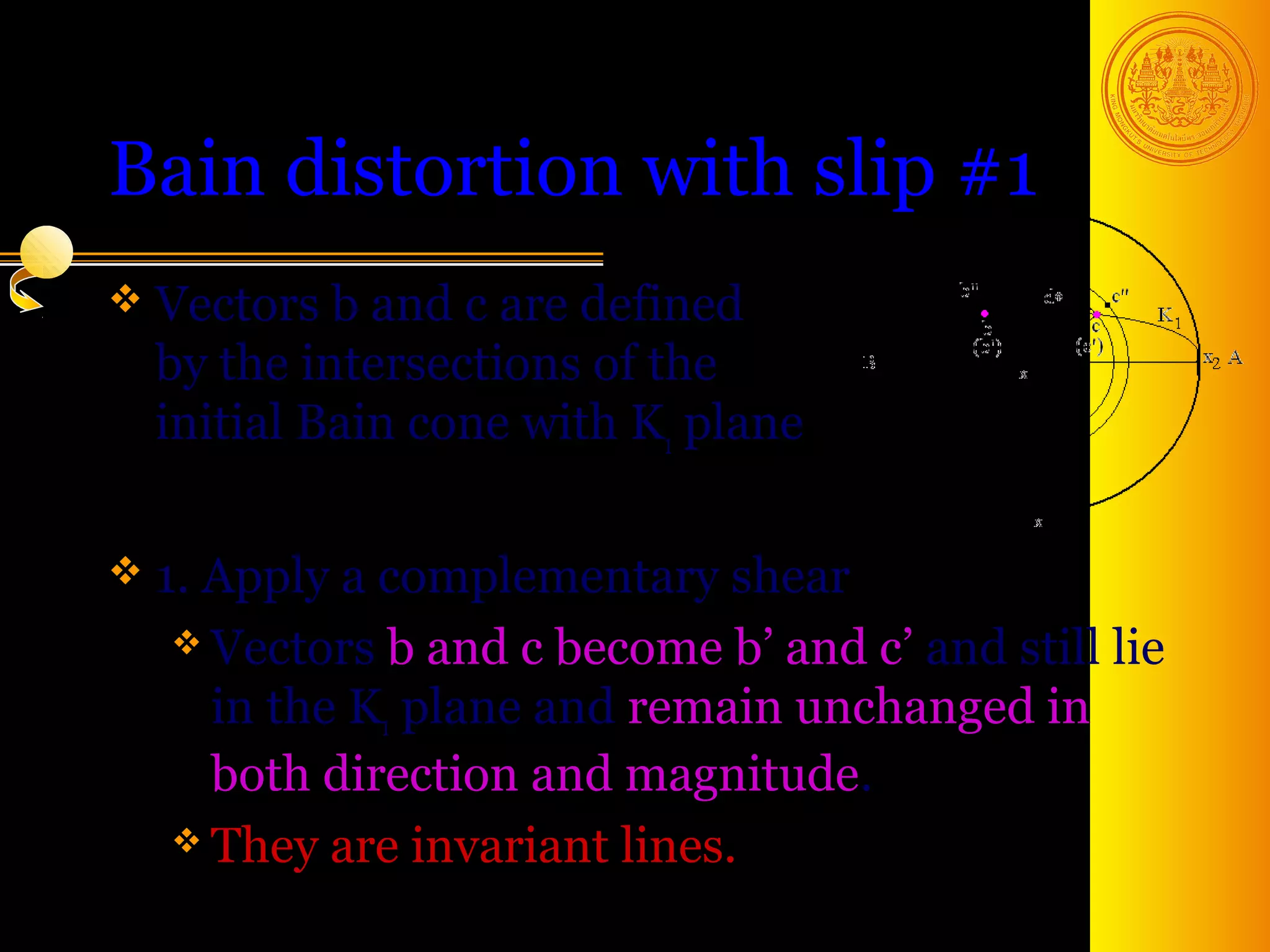 Bain distortion with slip #1
 Vectors b and c  are defined
  by the intersections of the
  initial Bain cone with K1 plane

 1.Apply a complementary shear
    Vectors b and c become b’ and c’ and still lie
     in the K1 plane and remain unchanged in
     both direction and magnitude.
    They are invariant lines.
                                          27
 