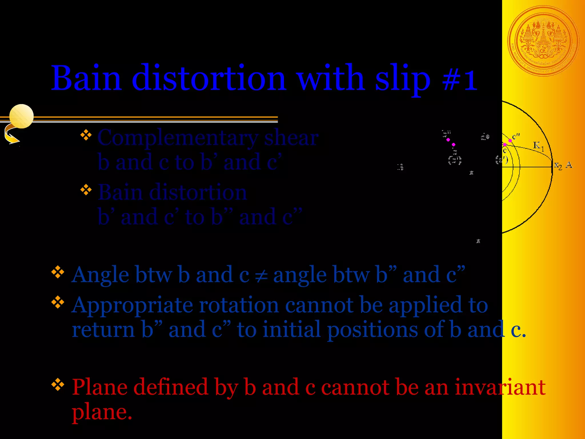 Bain distortion with slip #1
    Complementary      shear
     b and c to b’ and c’
    Bain distortion
     b’ and c’ to b’’ and c’’

 Angle btw b and c ≠ angle btw b” and c”
 Appropriate rotation cannot be applied to
  return b” and c” to initial positions of b and c.

 Plane    defined by b and c cannot be an invariant
  plane.                                   29
 