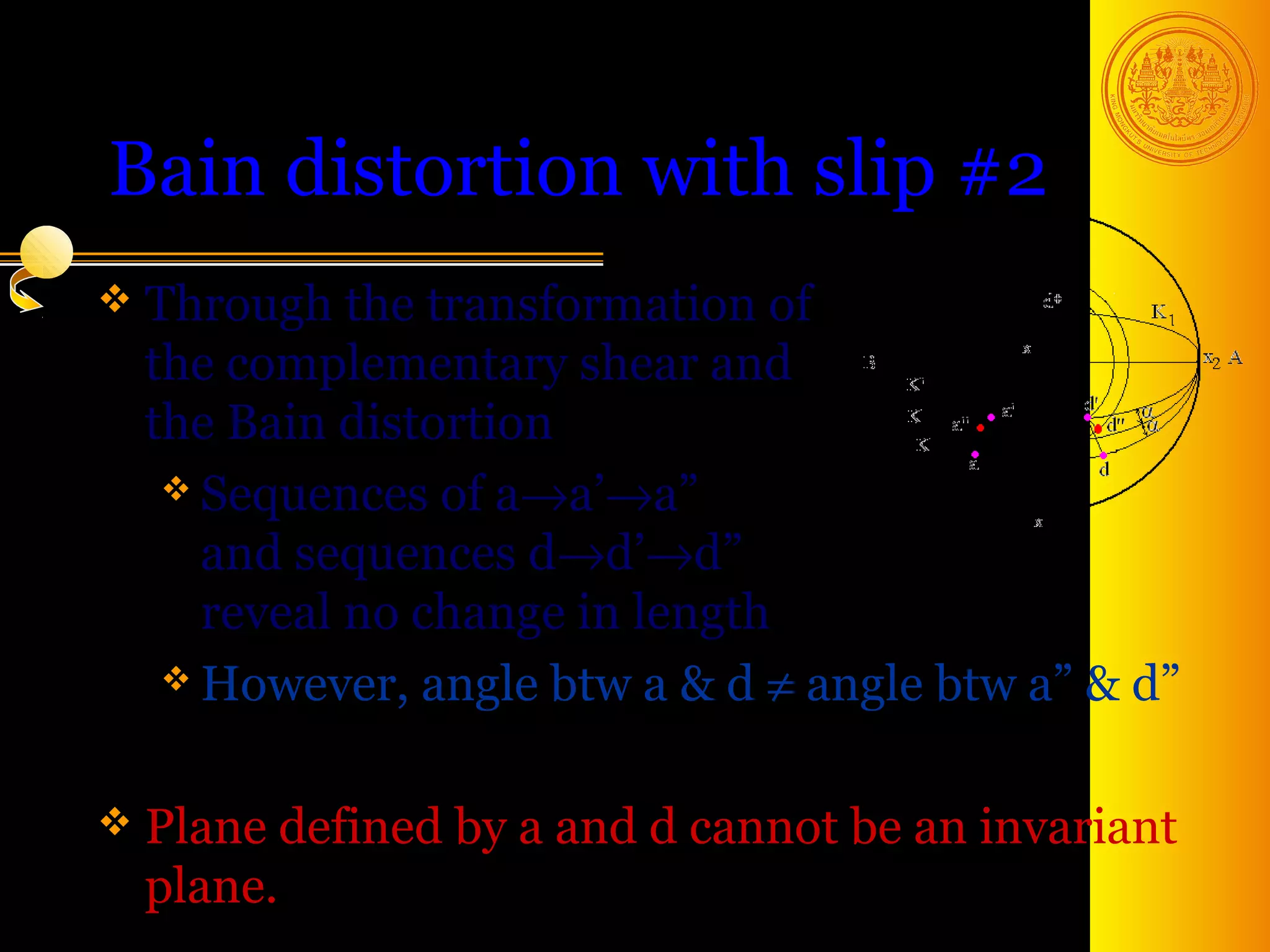 Bain distortion with slip #2
 Through  the transformation of
 the complementary shear and
 the Bain distortion
   Sequences of a→a’→a”
    and sequences d→d’→d”
    reveal no change in length
   However, angle btw a & d ≠ angle btw a” & d”



 Plane   defined by a and d cannot be an invariant
 plane.                                   31
 