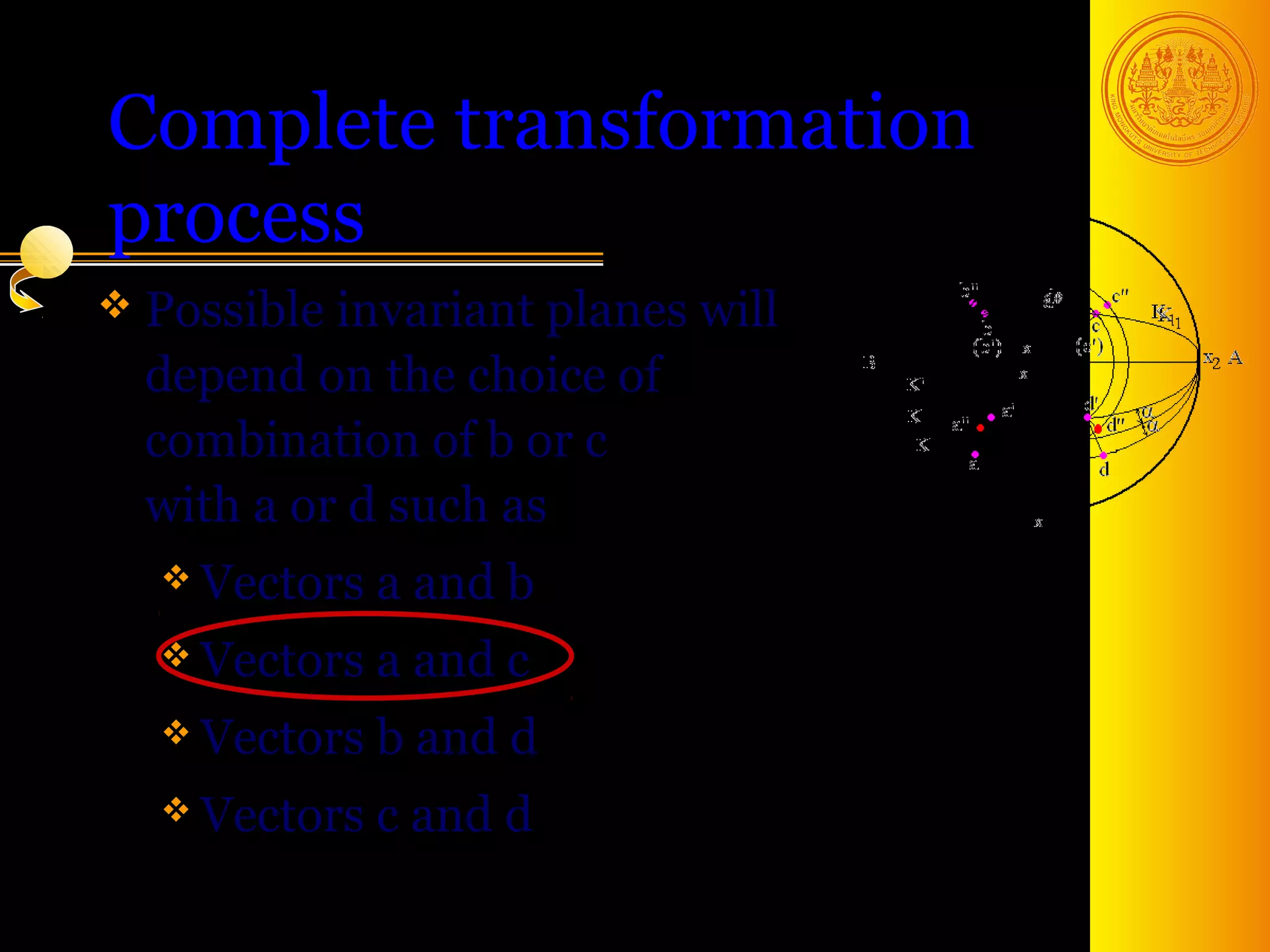 Complete transformation
process
 Possible invariant planes will
  depend on the choice of
  combination of b or c
  with a or d such as
   Vectors   a and b
   Vectors   a and c
   Vectors   b and d
   Vectors   c and d
                                   32
 